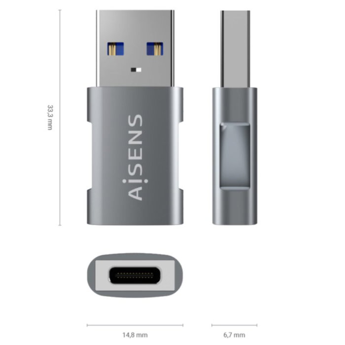 Aisens Mini Adaptador USB 3.2 Gen 2 10 Gbps USB-C Hembra a USB-A Macho Gris Aisens Mini Adaptador USB 3.2 Gen 2 10 Gbps USB-C Hembra a USB-A Macho Gris